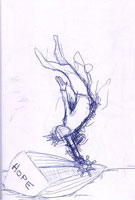 Ballpoint Pen Sketch - man holding onto sunken ship of Hope - artist Kenya Loot Reason